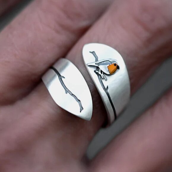 Brand New For Spring Robin Bird Nature Lover Theme Silver Dipped Cuff Ring - Picture 6 of 6